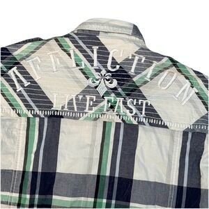 Affliction Black Premium Live Fast Men's XL Slim Green Plaid Embroidered Western